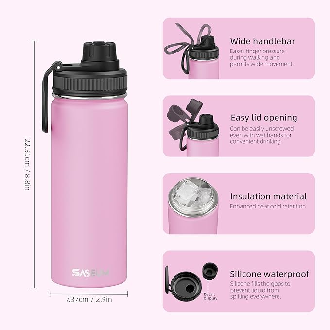 SASEUM Sport Water Bottle 18oz Stainless Steel Double Wall Vacuum Thermal Mug with Leak Proof Spout Lids, Wide Mouth Metal Insulated Water Jug for Gym and Travel（Pink）