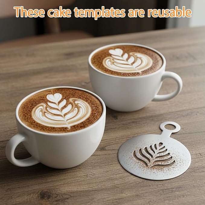 4 Pcs Stainless Steel Coffee Stencils with Various Patterns for Cappuccino Chocolate Lattes Cake Decorating, Coffee Shop and Home Use