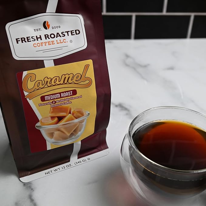 Fresh Roasted Coffee, Caramel Flavored Coffee, 12 oz, Medium Roast, Kosher, Ground