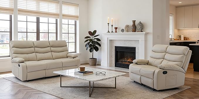 Reclining Couch Sofa Set Leather Recliner Couch Sofa and Loveseat Sets for Living Room, RV, Theater Seating(3 Seat Sofa+Loveseat,Beige)