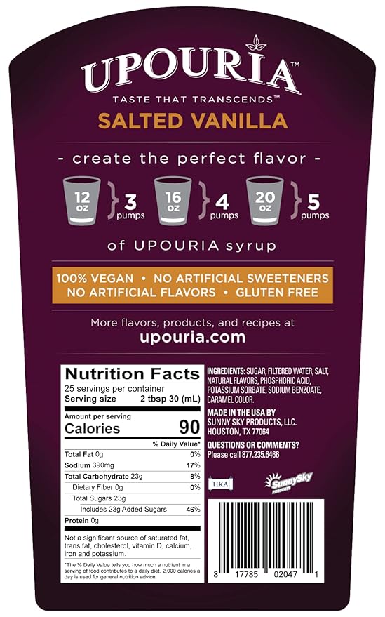 Upouria Salted Vanilla Syrup Flavoring, 100% Vegan, Gluten-Free, Kosher, 750ml bottle (Pack of 2) with 1 Syrup Pump