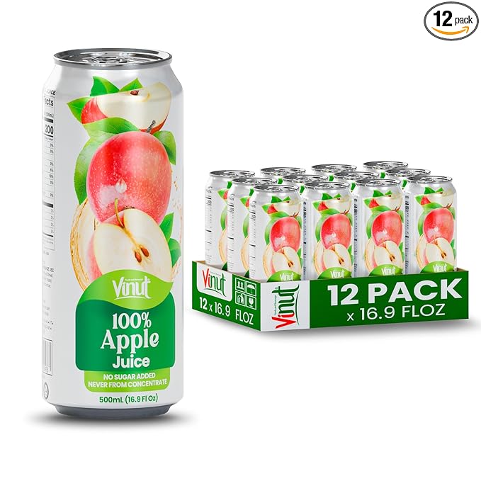 VINUT 100% Apple Juice, No Added Sugar, Not From Concentrate, 16.9 fl oz (500 mL) Can, Pack of 12