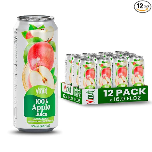 VINUT 100% Apple Juice, No Added Sugar, Not From Concentrate, 16.9 fl oz (500 mL) Can, Pack of 12