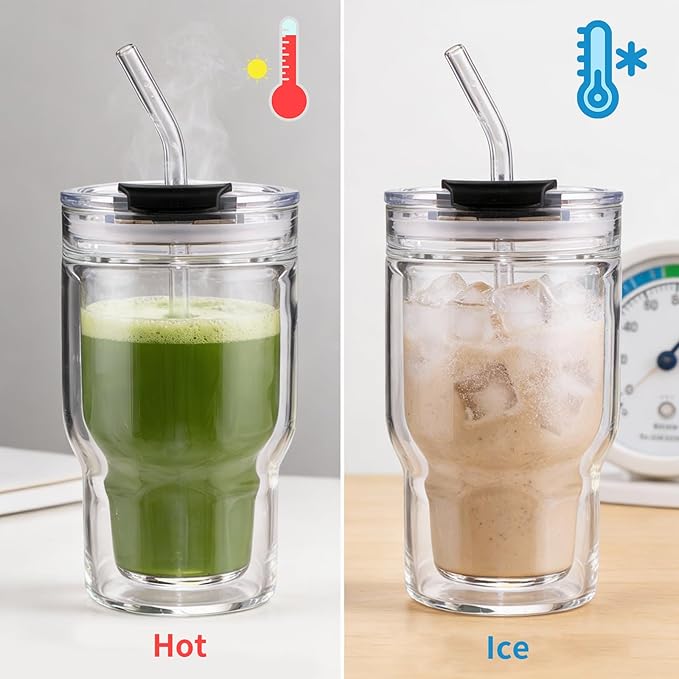Double Walled Glass Espresso Cups, Insulated Coffee Mug with Straw and Lid - 12oz/350ml Reusable Tumbler for Hot/Cold Drinks, Smoothie, Latte, Matcha, Car & Travel