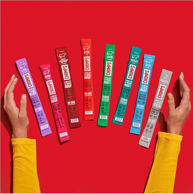 Chomps Grass-Fed and Finished Jalapeño Beef Jerky Snack Sticks 10-Pack - Keto, Paleo, Whole30, 10g Lean Meat Protein, Gluten-Free, Zero Sugar Food, Non-GMO