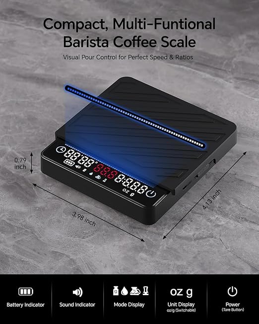 MUVNA Espresso Coffee Scale with Timer & Flow Rate Indicator - 2kg/0.1g Precision Digital Scale with Waterproof Silicone Mat for Pour Over, Coffee Bean Weight, Kitchen, Black