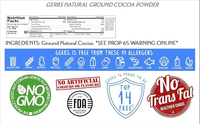 Gerbs Natural Cocoa Powder 4 lbs. | 10-12% Cocoa Butter Fat, Resealable Bag | Classic Unsweetened Cocoa | Top 14 Allergen-Free