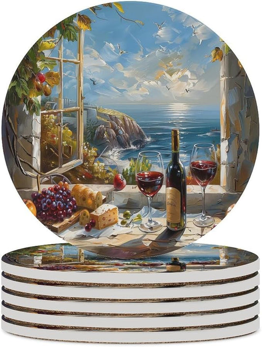 Round-6PCS Red Wine Drink Coasters, Round Modern Ceramic Absorbent Coasters, Oil Painting Style Red Wine Grapes Sea Scenery Decor Desk Coffee Table Coaster for Beverage Cup Tea Coasters