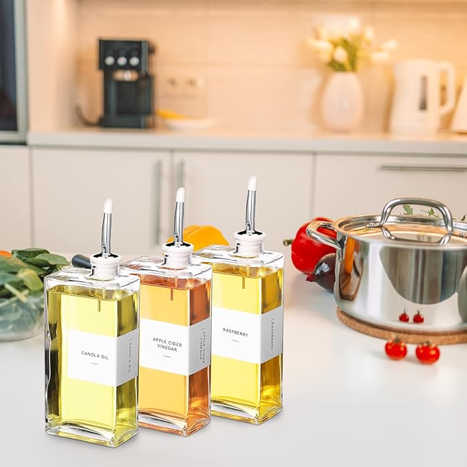 3 Sets Olive Oil Dispenser Bottles for Kitchen with Nozzles Funnel Labels Cooking Oil Dispenser 500ml Set for Kitchen Vinegar Coffee Syrup (Silver)