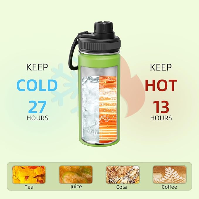 SASEUM Kids Sport Water Bottle 16oz Stainless Steel Double Wall Vacuum Thermal Mug with Leak Proof Spout Lids, Wide Mouth Metal Insulated Water Jug for Gym and Travel（Apple Green）
