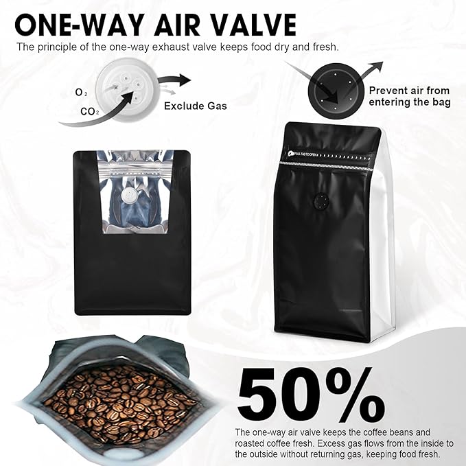Coffee Bags with Valve(60pcs,16oz,1lb) Vented Coffee Beans Packaging Bags High Barrier Aluminumed Foil Flat Bottom Heat Sealed Side Zipper Resealable Storage Bag for Home or Business（Black+White）
