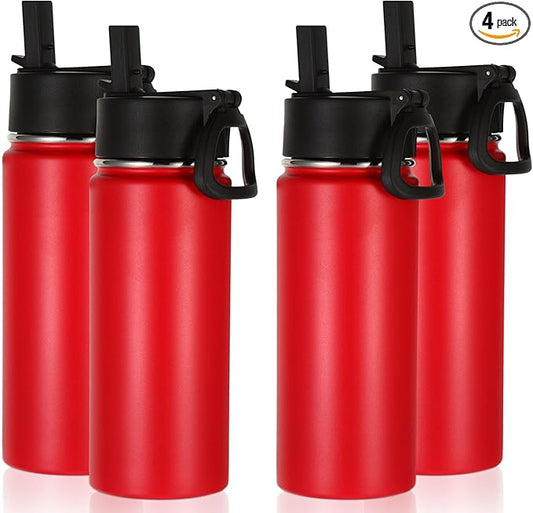 Volhoply 16 OZ Kids Water Bottle Bulk 4 Pack,Insulated Sports Bottles with Straw Lid,Stainless Steel Bottle with Handle Keep Cold & Hot,Double Wall Vacuum Tumbler Cups for School,Girls(Red, 4)