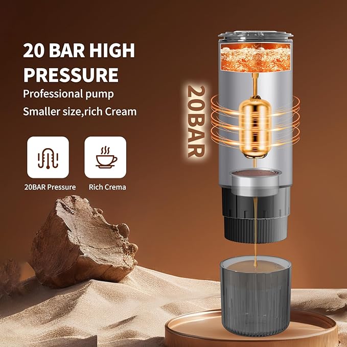 Leozora Portable Espresso Maker, 20Bar Professional Pressure, Stainless Steel Body, 7500mAh USB-C Rechargeable, 3-in-1 for Ground Coffee & Nespresso/DG Capsules, Ideal for Camping, Car, Office,Silvery