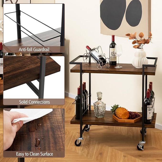 GOFLAME Bar Cart for Home, 2-Tier Kitchen Cart with Lockable Wheels and Anti-Fall Guardrail, Bar Serving Cart with Metal Frame, Rolling Beverage Storage Cart for Dining Room, Living Room