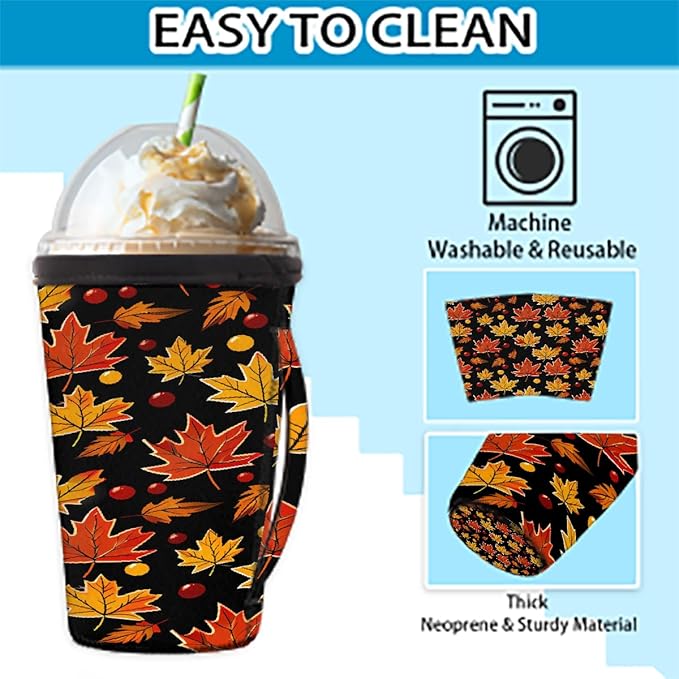 Reusable Iced Coffee Sleeve with Handle, Fall Autumn Maple Leaves Pattern Neoprene Cup Sleeve Insulator Cup Holder for Cold Drinks Beverages 30oz - 32oz