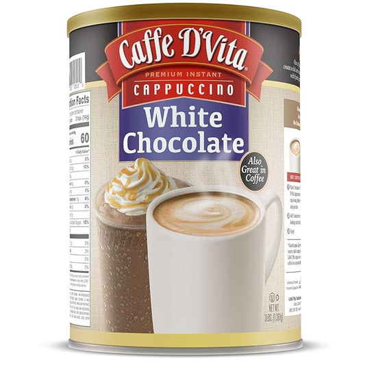 Caffe D'Vita White Chocolate Cappuccino Mix - White Chocolate Powder, Gluten Free, No Cholesterol, No Hydrogenated Oils, No Trans Fat, 99% Caffeine Free, Instant Cappuccino Mix - 3 Lb Can