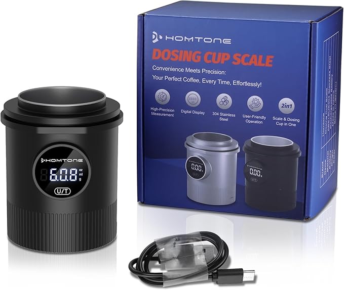 HOMTONE Espresso Dosing Cup & Digital Scale Combo - 0.05g Precision, USB-C Rechargeable, 58mm Portafilter Compatible - Stainless Steel Interior, Black