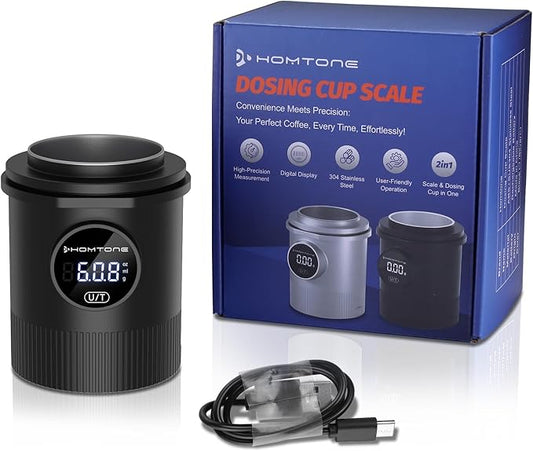 HOMTONE Espresso Dosing Cup & Digital Scale Combo - 0.05g Precision, USB-C Rechargeable, 58mm Portafilter Compatible - Stainless Steel Interior, Black