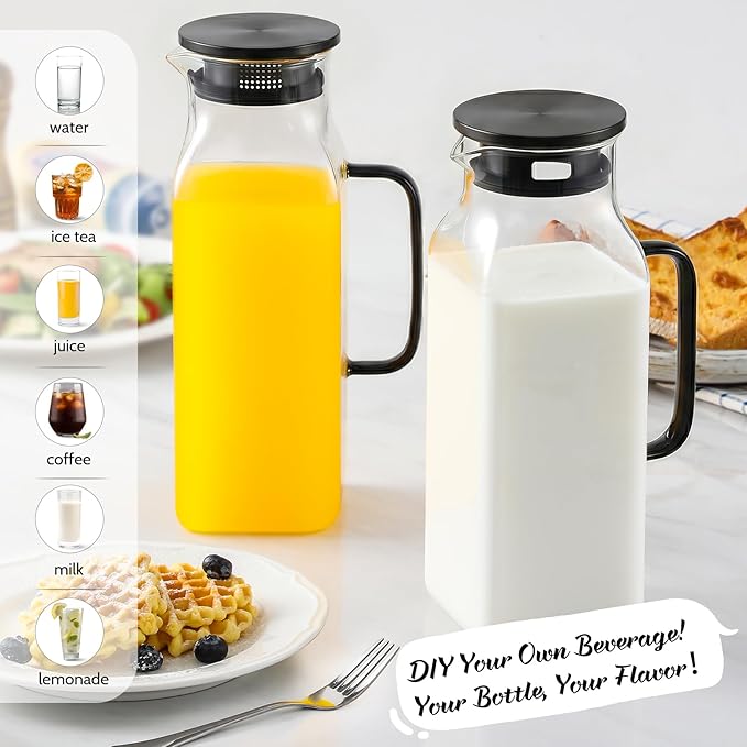 2 Pack 2 Liters/68 oz Square Glass Pitcher with Lid and Handle for Fridge, Iced Tea and Coffee Carafe Beverage Serveware, Heat Resistant Borosilicate Water Black Jug for Hot/Cold Drinks and Milk