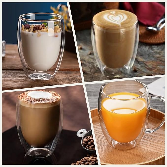 DINGPAl 15 oz Double Walled Glass Coffee Mugs, Set of 4 Large Double Wall Layer Coffee Mug Insulated Borosilicate Glass Cups with Handle and Spoon for Latte, Cappuccino, Espresso, Americano