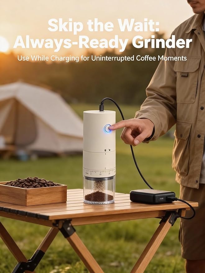 LAMIDO Portable Electric Burr Coffee Grinder - Grind While Charging - 38 External Adjustable Grind Settings - 1.8X Faster Grinding - 2000 mAh Rechargeable Battery for Travel, Camping - Light Beige