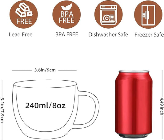 CNGLASS Double Wall Glass Cappuccino Mugs 8.1oz,Clear Insulated Glass Coffee Mug with Handle for Espresso,Latte,Tea,Set of 2 | Double Wall, Insulated, Glass Coffee Mug, with Handle, for Espresso, Latte