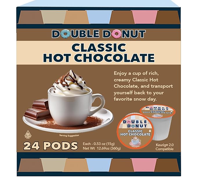 Double Donut Coffee Hot Chocolate Pods for Keurig K Cups Brewers, Single Serve Classic Hot Cocoa Pods, 24 Count