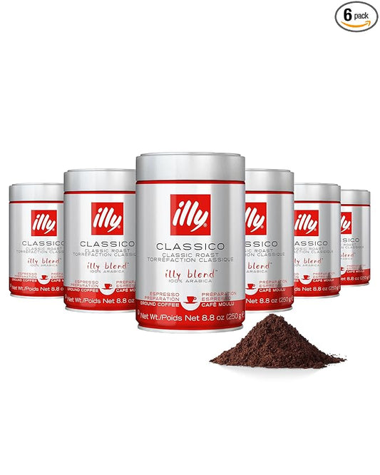 illy Ground Espresso Coffee, Classico Medium Roast, 100% Arabica, Premium Italian Coffee, Pre-Ground for Espresso Machines, 8.8oz, 6 Pack