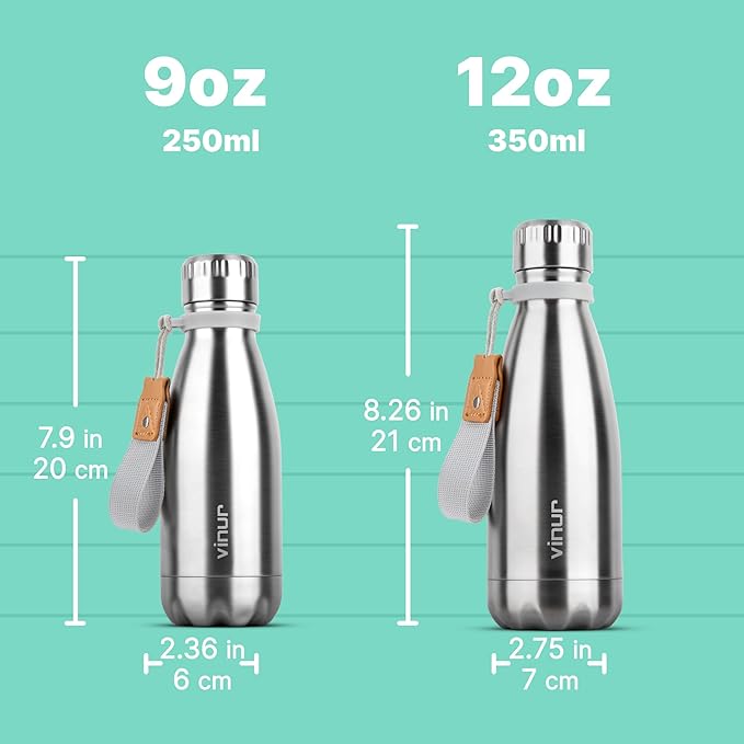 VINUR 9 oz Small Insulated Water Bottle for Kids Lunchbox -18/8 Stainless Steel Vacuum Leak-Proof Flask with Carry Rope for Sports Travel, Cola Shape, Silver