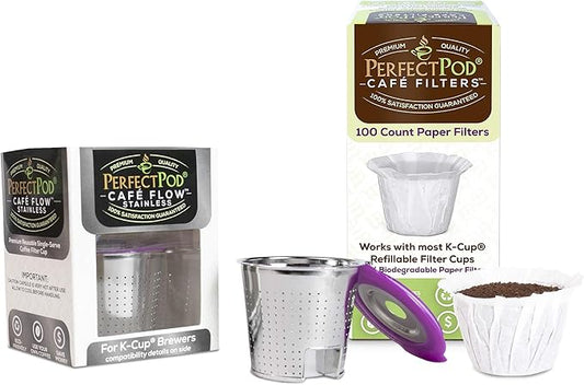 2-Item Café Flow Stainless Steel Reusable Coffee Pod + 100-Ct Café Filter Disposable Paper Cups - Compatible with Keurig 1.0, 2.0, K-Series Single Cup Coffee Makers