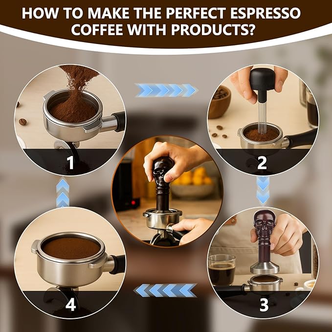53.3mm Espresso Tamper for 54mm Portafilters, Coffee Hand Tamper with Weighted 304 Stainless Steel Flat Base & Ebony Wood Skull Handle, Espresso Tool for Home Baristas