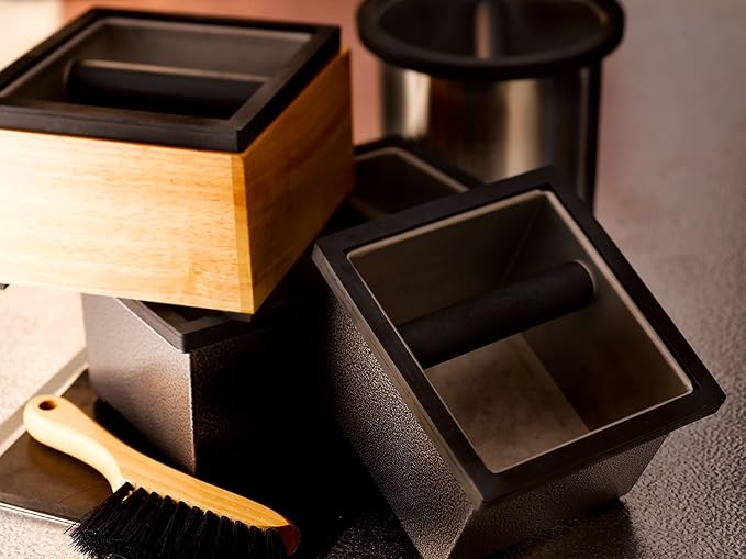 Rattleware Stainless Steel Knock Box with Maple Holder – Heavy-Duty Espresso Knock Bin, Perfect Coffee Bar Accessories, Durable Barista Accessory, Easy to Clean Grounds Container