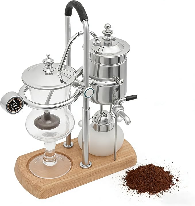 Coffee Maker - Belgium Royal Family Balance Syphon Coffee Syphon Vacuum Brewing System with Measuring Cup and Spoon and Plastic Filter Vintage Siphon Coffee Maker Silver