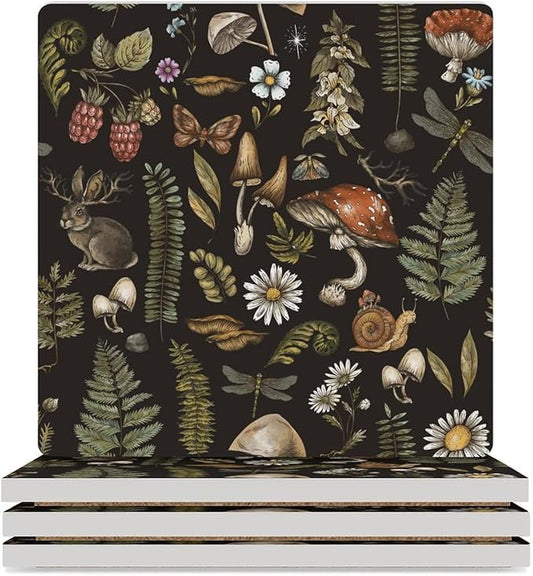 Botanical Drink Coasters, Square Ceramic Drink Coaster Square-4PCS, Vintage Plant Botanical Cartoon Mushroom Flower Decor Absorbent Ceramic Coasters for Beverage Cup, Bar, Coffee Table