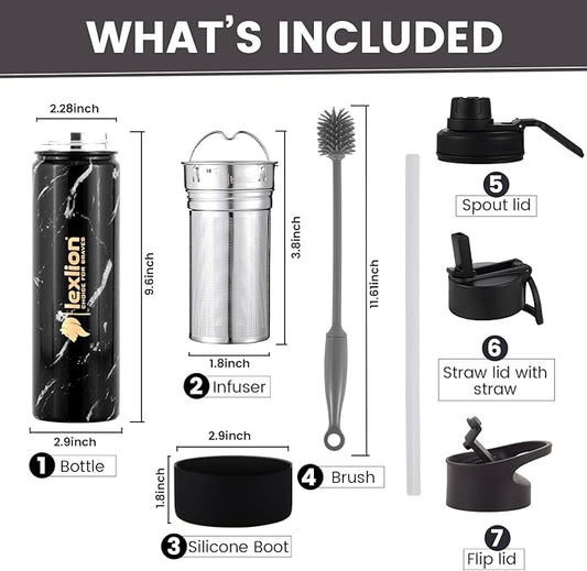 Lexlion Tea Infuser Water Bottle 22 Oz – Triple Wall Insulated Stainless Steel, Loose Leaf & Fruit Strainer, 3 Leakproof Lids, BPA-Free Silicone Sleeve, Reusable Thermal Mug