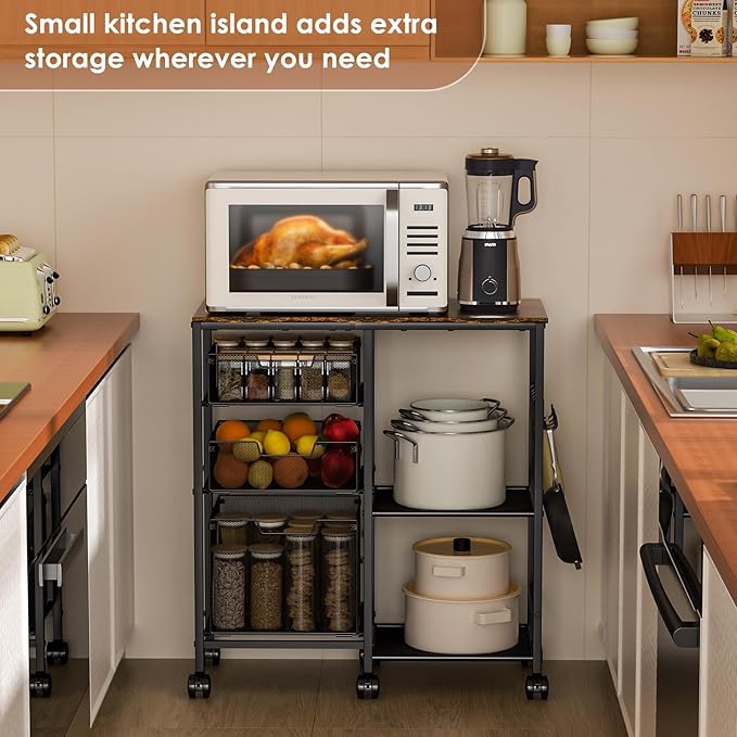 Kitchen Cart with Storage Shelf - Kitchen Organizer and Storage Cart, 3-Tier Microwave Cart with Storage Drawers, Wooden Top Metal Wire Utility Cart with Lockable Wheels for Kitchen