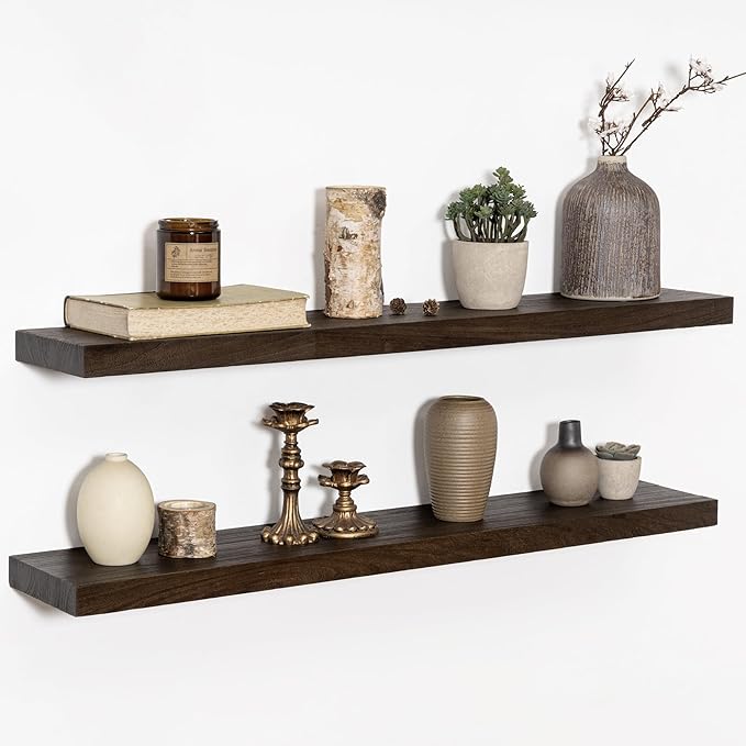 Fun Memories Wood Floating Shelves 36 Inch Long, Solid Elm Wood Wall Shelves Set of 2 for Kitchen, Living Room, Bedroom, Wall-Mounted Rustic Wooden Bathroom Shelf Storage Shelf for Farmhouse, Walnut