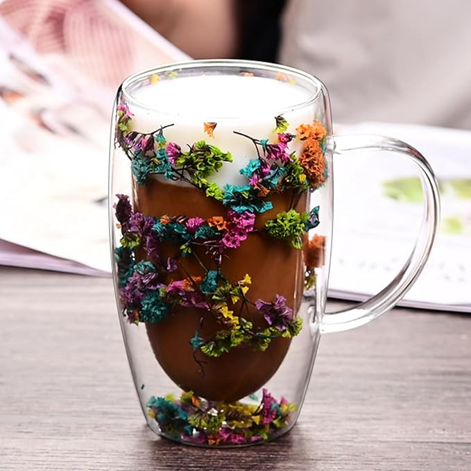 15.22oz, Double Wall Borosilicate Glass Coffee Mug with Heat-Resistant Handle, Insulated Flower Tea Cup, Multi-Color Options (mix,15.22oz)