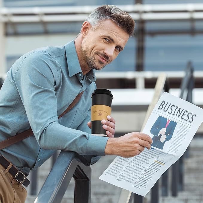 LITOPAK 50 Pack 20 oz Paper Coffee Cups for Hot Chocolate Drinks, Black Disposable Coffee Cups with Lids, Sleeves and Stirring Sticks for Parties, Picnic, Travel, and Events