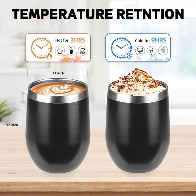 StarSpeed 12oz/12 Pack Wine Tumbler with lid, Stainless Steel Travel Mugs Stemless Double Wall Insulated Coffee Cup, Insulated Wine Glasses Travel Tumbler for Cold & Hot Drinks(Black, 12)