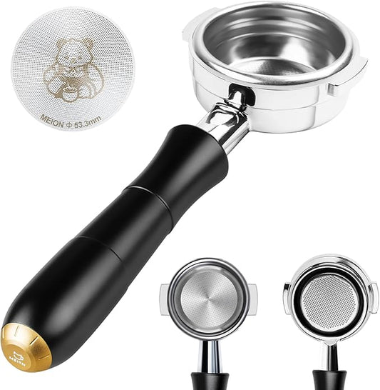 MEION Aluminium Alloy 58mm Bottomless Portafilter for Gaggia 58mm, Gaggia Carezza, Gaggia Cubika Plus, Gran Gaggia Deluxe, Espresso Portafilter with Stainless Steel 18g Filter Basket and Puck Screen