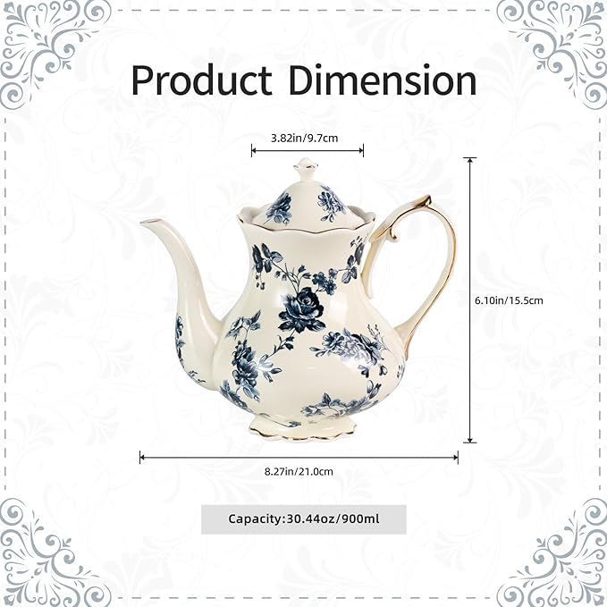KAMMAK Teapot with Handle, Vintage Porcelain Tea Pot with Gold Trim, Blooming & Loose Leaf Teapot, Festive Holiday Serveware, Gifts for Women, Blue Flowers - 30 oz