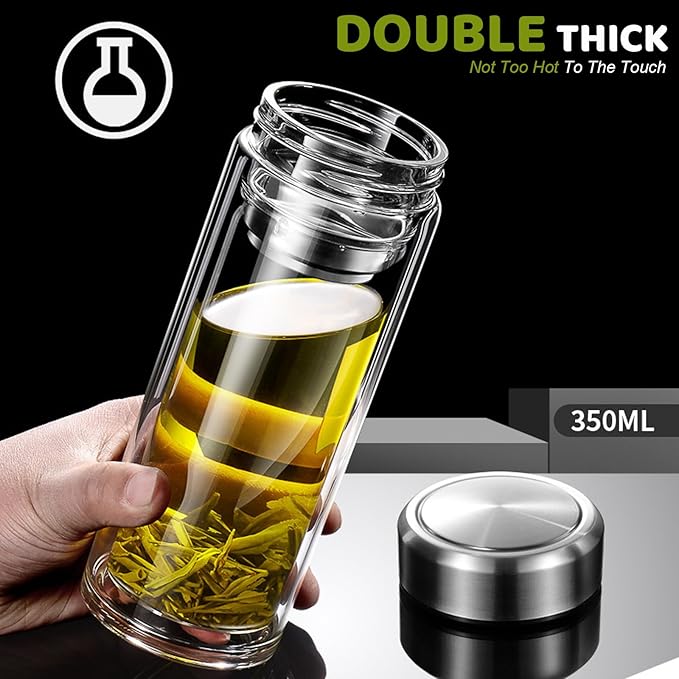 Tea Tumbler with Infuser, 12oz Double Wall Borosilicate Glass Tea Bottle, 350ml Leak-Proof with Stainless Steel Filter