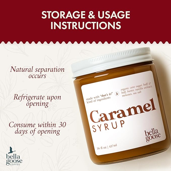 Bella Goose Salted Caramel Coffee Syrup (16oz) - Homemade Pure Cane Sugar Syrup for Lattes & Desserts - Clean Ingredient - No Artificial Flavors, Oils - Syrups for Coffee Drinks, 32 Servings