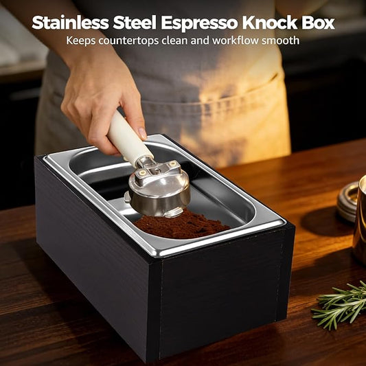 Stainless Steel Espresso Knock Box, Large Capacity Coffee Grounds Container with Removable Inner Tank, Rubber Knock Bar, Anti-Slip Base, Barista Coffee Accessories for Home and Cafe Use