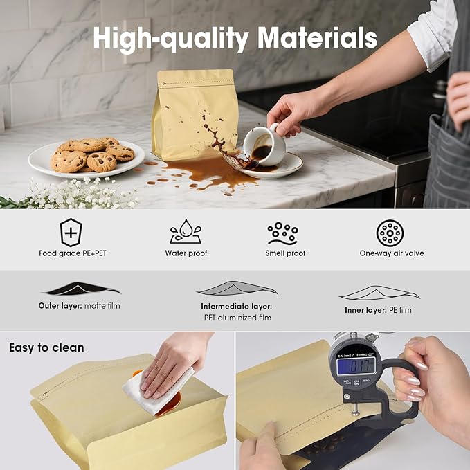 50 Count 8oz Coffee Bags with Valve,1/2 lb Vented Coffee Beans Packaging Bags High Barrier Aluminumed Foil Flat Bottom Heat Sealed Side Zipper Resealable Storage Bag for Home or Business（Kraft paper）
