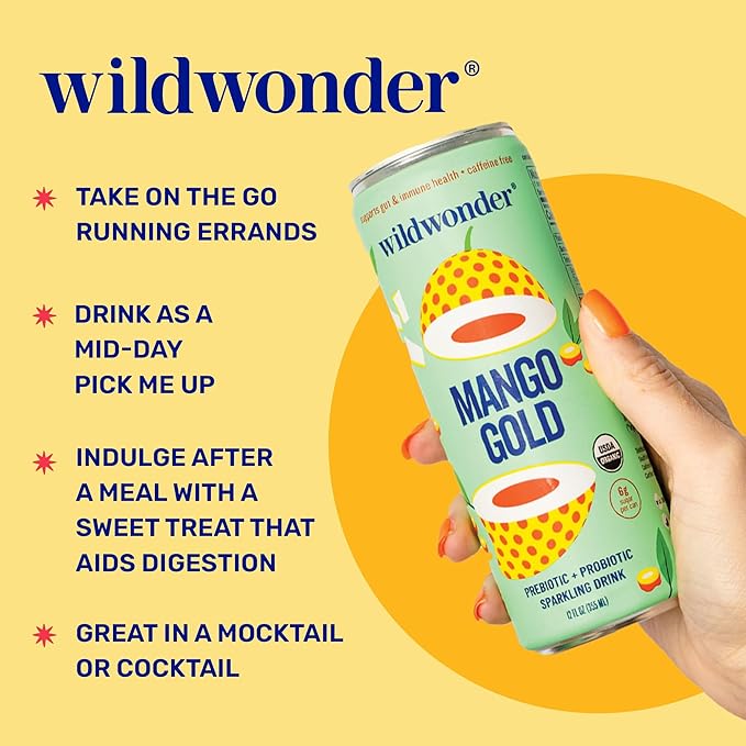 wildwonder Sparkling Probiotic Drink 12pk, For Gut Health & Immune Support, Mango Gold, 5g Prebiotic Fiber, Live Probiotics, Organic, Vegan, Low Sugar, 12 Pack, 12oz Can, As Seen on Shark Tank