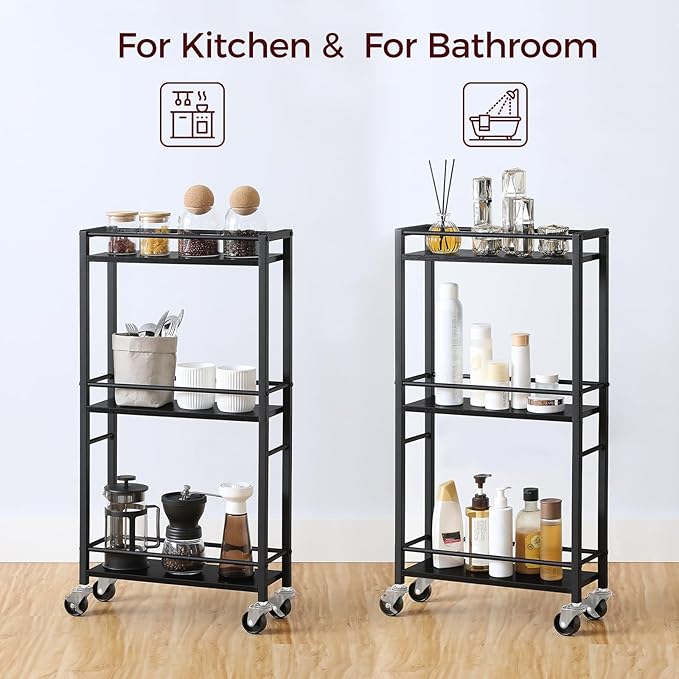 Slim Rolling Cart, Mobile Kitchen Cart on Wheels, Narrow Storage Cart for Small Space, Wooden Service Cart, for Bathroom, Laundry, Living Room, Black RCHB1501