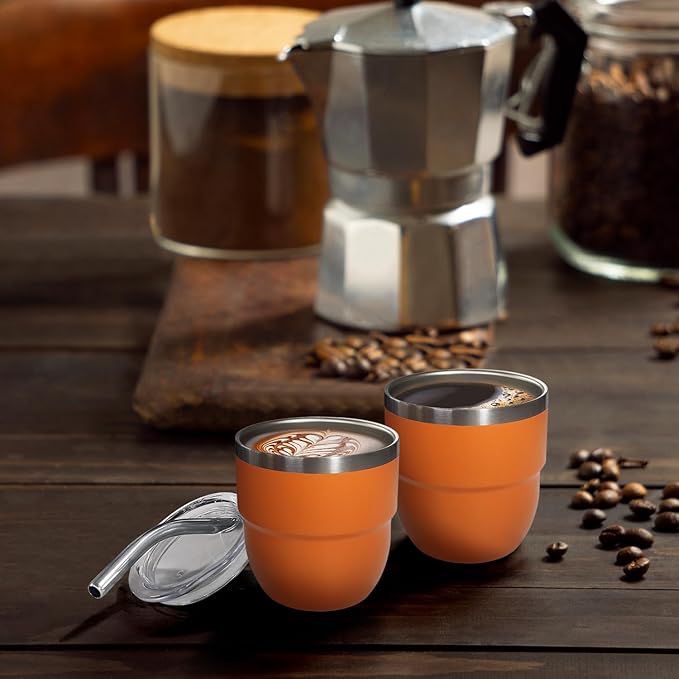 4oz Stackable Cup, Vacuum Insulated Espresso Cup Set of 2, Espresso Shot Glass for Coffee, Double Wall Stainless Steel Mini Tumbler Shot Glasses with Straw and Lid
