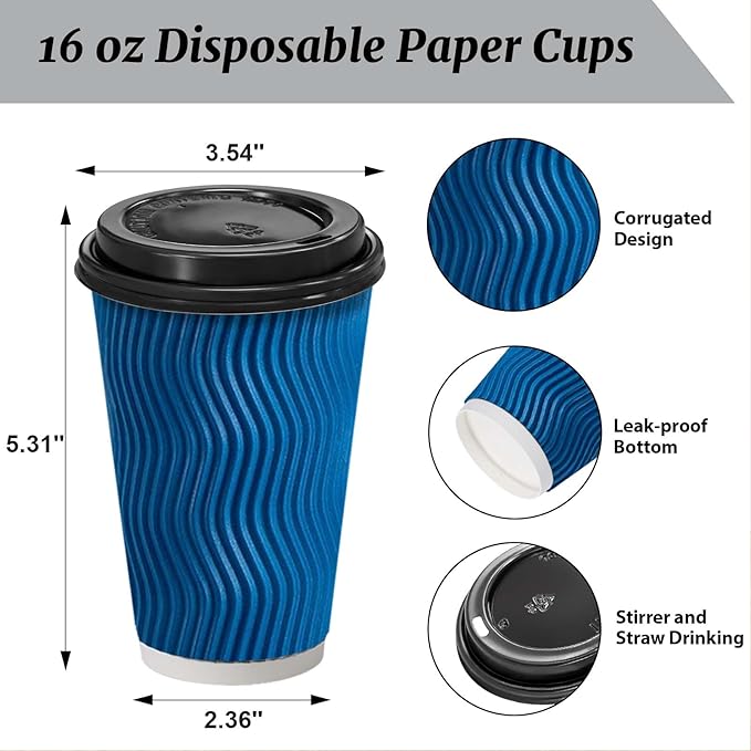 Clawsoff 100 Pack Coffee Cups with Lids 16 oz, Disposable Insulated Ripple Wall To Go Paper Coffee Cups for Hot/Cold Drinks Office Home Shop Event (Navy)